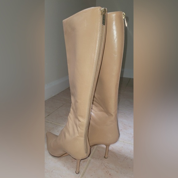 Jimmy Choo Beige Knee-High Pointed-Toe Leather Boots - Picture 2 of 5